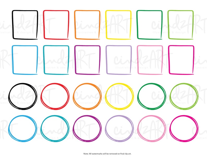 May include: A set of 18 hand-drawn frames in various colors, including black, red, orange, yellow, green, blue, purple, pink, and white. The frames are a mix of circles and squares, all with a simple, hand-drawn style.
