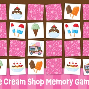 May include: A pink and white memory game with ice cream themed illustrations. The game includes images of ice cream cones, sundaes, popsicles, and an ice cream truck. The game is titled "Ice Cream Shop Memory Game!"