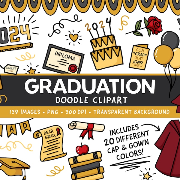 Graduation 2024 Clipart - Digital Download - Cute Class of 2024 Grad Graphics - Cap and Gown Clip art - School Graduate Doodle Clipart