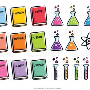 May include: A set of colorful clip art images featuring school subjects, including astronomy, chemistry, math, physics, reading, science, spelling, algebra, and literature. The set also includes beakers, test tubes, and an atom symbol.