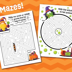 K&ouml;nnte beinhalten: Zwei Arbeitsbl&auml;tter zum Thema Halloween mit der &Uuml;berschrift Mazes! Das linke Blatt zeigt einen Gnom und den Text Help the trick-or-treat gnome find his bag of candy! Das rechte Blatt zeigt eine Hexe und den Text Help the witch get to her potions!