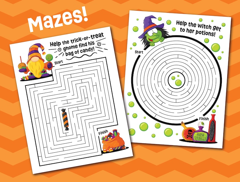 K&ouml;nnte beinhalten: Zwei Arbeitsbl&auml;tter zum Thema Halloween mit der &Uuml;berschrift Mazes! Das linke Blatt zeigt einen Gnom und den Text Help the trick-or-treat gnome find his bag of candy! Das rechte Blatt zeigt eine Hexe und den Text Help the witch get to her potions!
