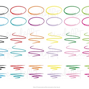 May include: A set of 30 hand-drawn circles and squiggly lines in various colors, including black, red, orange, yellow, green, blue, purple, pink, and light blue. The circles are all the same size and are drawn with a thick line. The squiggly lines are all different shapes and sizes.