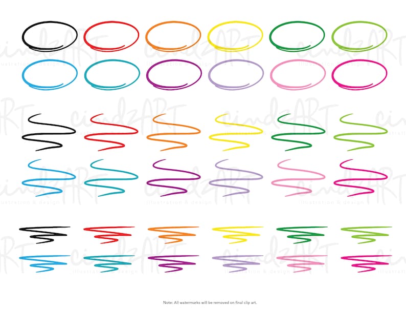 May include: A set of 30 hand-drawn circles and squiggly lines in various colors, including black, red, orange, yellow, green, blue, purple, pink, and light blue. The circles are all the same size and are drawn with a thick line. The squiggly lines are all different shapes and sizes.