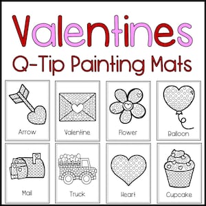 Valentines NO PREP Q Tip Painting Mats for February Preschool and Kindergarten Fine Motor Skills