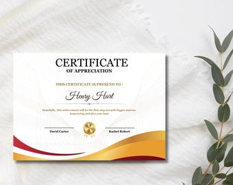 May include: A white certificate of appreciation with gold and red accents. The certificate reads "CERTIFICATE OF APPRECIATION" and is addressed to "Henry Hart". Includes names of David Carter and Rachel Robert.