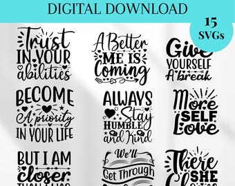 Self Love SVG Bundle: Positive Affirmations, Inspirational Quotes (Digital Download)