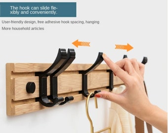 Movable Wooden Hook Wall Mounted Hanger Coat Rack with Adjustable Hooks