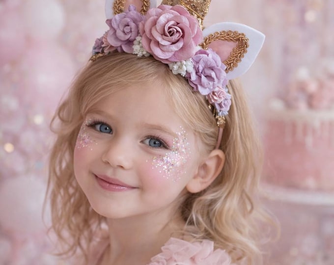 Floral Unicorn Headband: Gold Glitter Horn, Lilac & Pink Party Prop