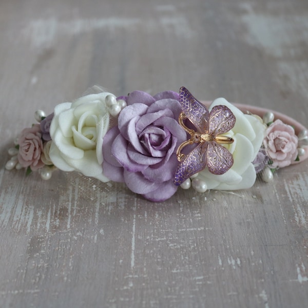 Baby girl flower headband, newborn photo prop, baptism, christening, first birthday nylon headband, butterfly, lilac & ivory