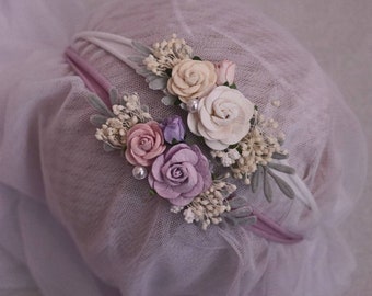 Diadema de flores para niña de bautismo pequeño, diadema de nailon para recién nacido, accesorio fotográfico, sesión de fotos de campo de lavanda, lila/blanco