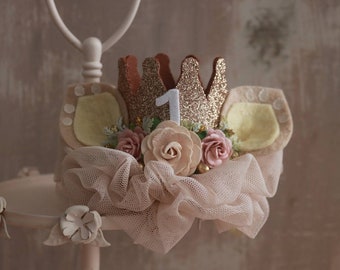 Bambi First Birthday Crown for Girl, Woodland Deer 1st Birthday Headband, Floral Birthday Crown, Cake Smash Photo Prop, One Year Old Crown