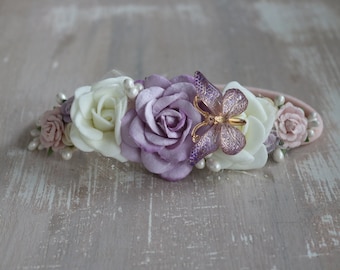 Baby girl flower headband, newborn photo prop, baptism, christening, first birthday nylon headband, butterfly, lilac & ivory