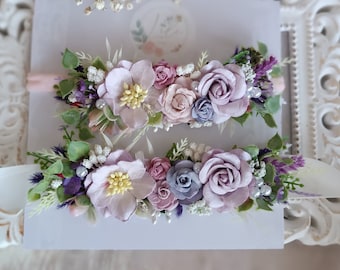 Conjunto de diadema y cinturón de vestir para bebé, cumpleaños, bautizo, lila, lavanda, regalo de boda para recién nacido, primer cumpleaños, halo floral