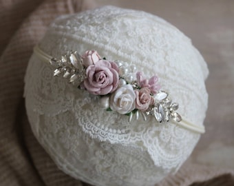 Rhinestone elegant baby girl flower headband, newborn nylon headband, baptism, christenning headband, floral halo, crystals, pearls