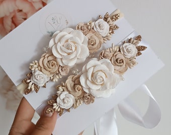Zestaw opaski na głowę i paska do sukienki dla niemowlęcia, chrzest, beż i biel, prezent dla noworodka, pierwsze urodziny, baby shower