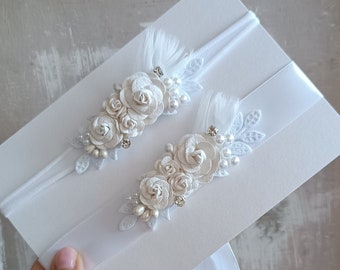 Elegant set of baby headband and dress belt, baptism, christening, white and gold, gift for newborn, first birthday, baby shower, pearls