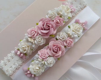 Set of baby headband and dress belt, baptism, christening, light pink and white, gift for newborn, first birthday, baby shower