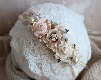 Gorgeous elegant baby girl flower headband, beige, ivory white newborn nylon headband, baptism, christmas, first birthday, photo props