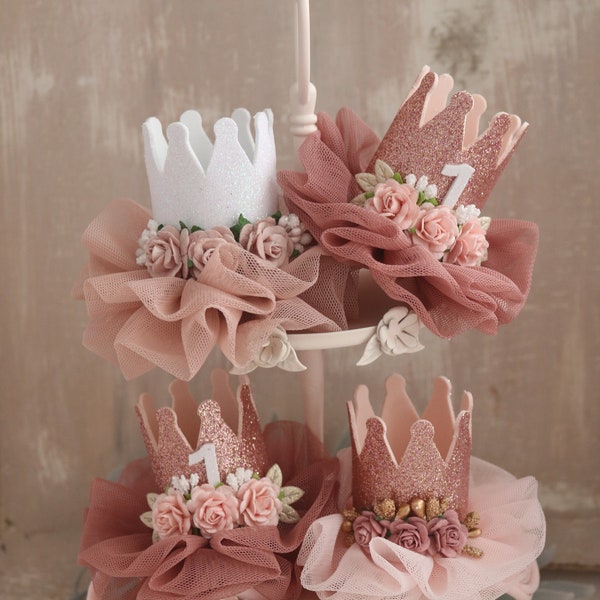 Couronne en or rose pour le premier anniversaire, couronne pour bébé fille, bandeau en nylon, cadeau d'anniversaire, petite princesse, bandeau en nylon pour nouveau-né, accessoire photo