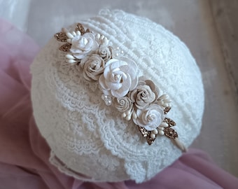 Diadema de flores para niña, diadema de nailon para recién nacido beige y blanco, bautismo, primer cumpleaños, accesorios para el cabello Boho, flores de morera, accesorios para fotos