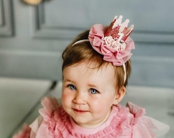 Couronne en or rose du premier anniversaire, couronne pour bébé fille, bandeau en nylon, cadeau d’anniversaire, petite princesse, bandeau en nylon nouveau-né, accessoire photo