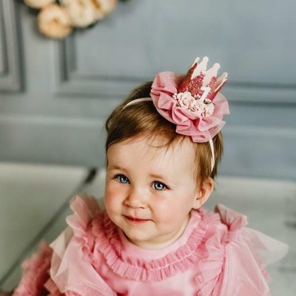 Erster Geburtstag rose gold Krone, Krone für Baby Mädchen, Nylon Haarband, Geburtstagsgeschenk, kleine Prinzessin, Neugeborene Nylon Haarband, photo prop