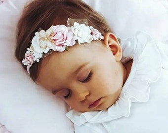 Baby girl flower headband, newborn photo prop, baptism, christening, first birthday nylon headband, butterfly, light pink & ivory