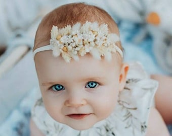 Baby girl dried flowers headband, newborn nylon headband, baptism, christenning, photo props, christmas, boho