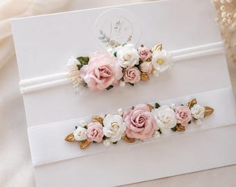 Baby Headband and Dress Belt Set, Light Pink White Floral, Baptism Christening Newborn Gift