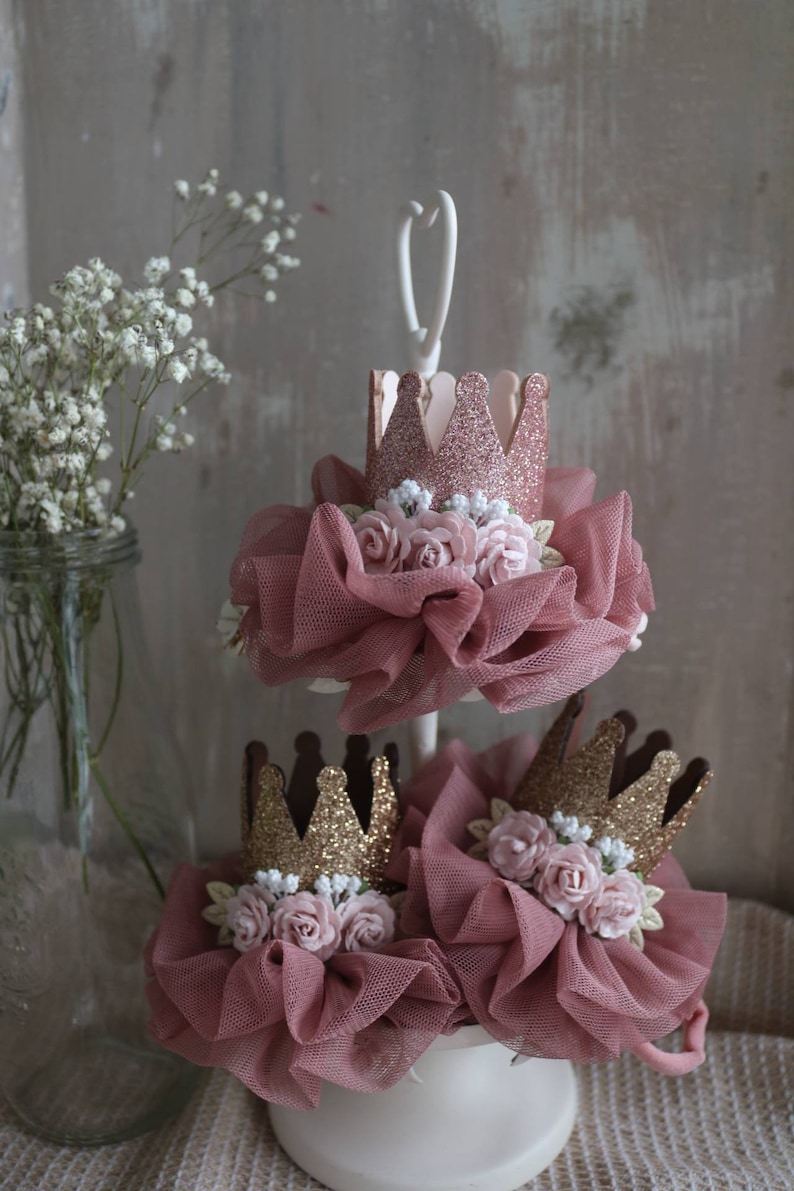 Couronne en or rose du premier anniversaire, couronne pour bébé fille, bandeau en nylon, cadeau danniversaire, petite princesse, bandeau en nylon nouveau-né, accessoire photo image 10