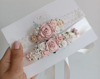 Set of elegant baby headband and dress belt, baptism, christening, light pink and white, gift for newborn, first birthday, floral halo