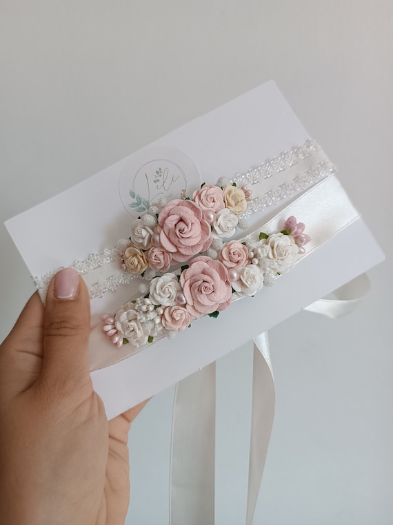 Set of elegant baby headband and dress belt, baptism, christening, light pink and white, gift for newborn, first birthday, floral halo