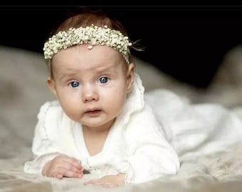 Baby girl dried gypsophila flower crown, floral newborn nylon headband, baptism, birthday, christenning, Boho hairaccesories, photo props