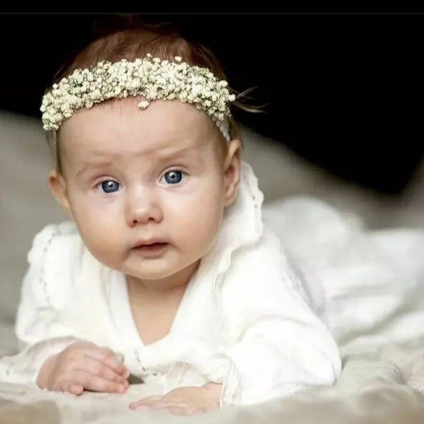 Baby girl dried gypsophila flower crown, floral newborn nylon headband, baptism, birthday, christenning, Boho hairaccesories, photo props