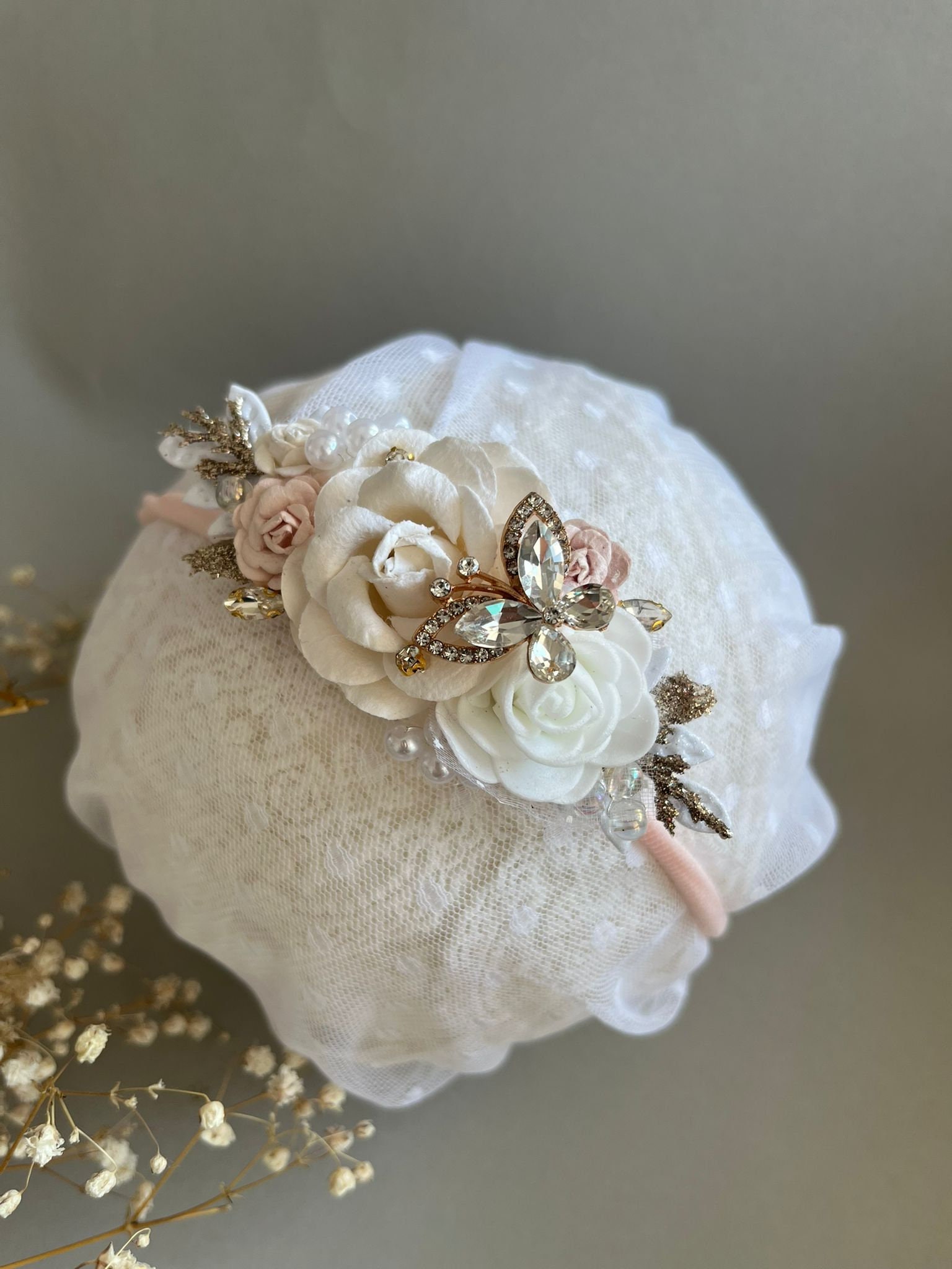 Elegant gorgeous rhinestone baby girl flower headband, photo prop, photo session, newborn nylon headband, butterfly, pearls, crystals