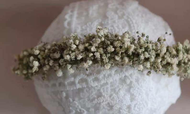 Corona de flores de gypsophila seca para niña, diadema floral de nailon para recién nacidos, bautismo, cumpleaños, bautizo, accesorios para el cabello Boho, accesorios fotográficos imagen 5