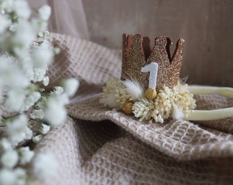 Couronne en or du premier anniversaire avec fleurs séchées, couronne pour bébé fille, bandeau en nylon, cadeau d'anniversaire, petite princesse, accessoire photo, séance photo