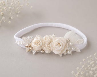 White Flower Baby Headband – Newborn, Christening Pearl Halo