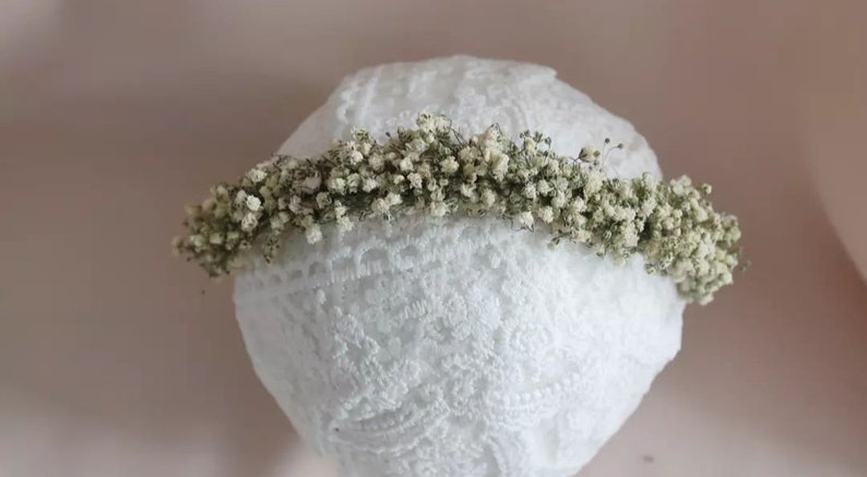 Corona de flores de gypsophila seca para niña, diadema floral de nailon para recién nacidos, bautismo, cumpleaños, bautizo, accesorios para el cabello Boho, accesorios fotográficos imagen 2