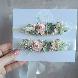 Set aus Baby Stirnband und Kleider Gürtel, Geburtstag, Taufe, blush rosa und salbei grün, Geschenk für Neugeborene, erster Geburtstag, floralen Halo Bild 5