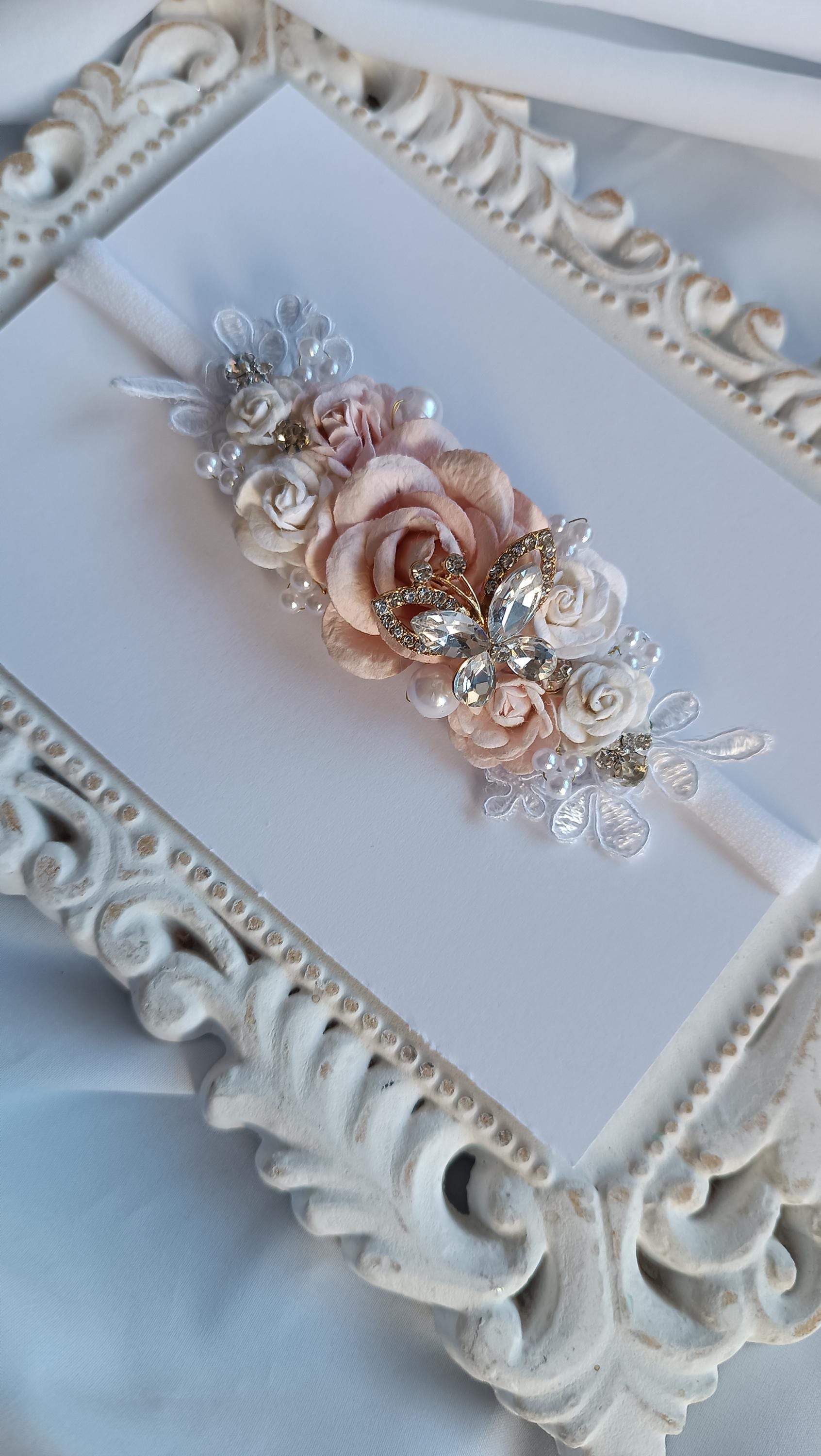Elegant gorgeous rhinestone baby girl flower headband, photo prop, photo session, newborn nylon headband, butterfly, pearls, crystals