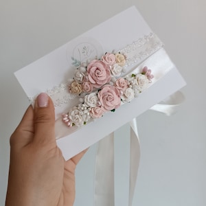 Set of elegant baby headband and dress belt, baptism, christening, light pink and white, gift for newborn, first birthday, floral halo image 6
