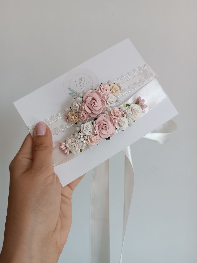 Set of elegant baby headband and dress belt, baptism, christening, light pink and white, gift for newborn, first birthday, floral halo image 6
