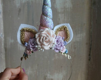 Unicorn headband, rainbow unicorn birthday party, photo prop, birthday gift for girl, blue & pink