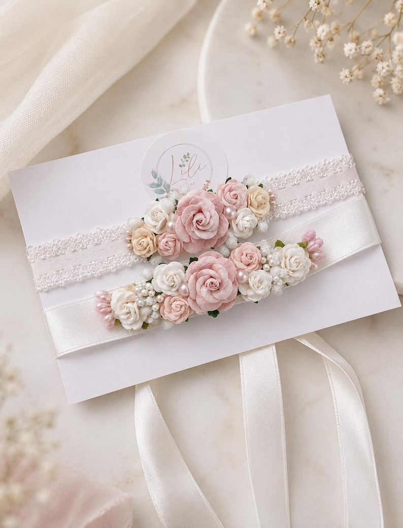 May include: Two leg garters displayed on a white card. The top garter features white lace with a cluster of pink and cream fabric roses and small pearls. The bottom garter is made of smooth white satin with a similar floral arrangement of pink and cream roses, tiny white buds, and pearls.