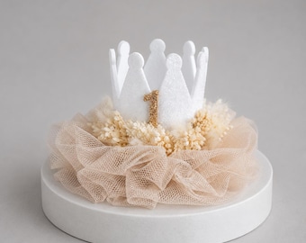First Birthday Crown, Baby Girl 1st Birthday Hat, Neutral Beige Smash Cake Crown, One Year Photo Prop, Cake Smash Outfit