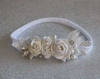 Small elegant white baby girl flower headband, newborn nylon headband, baptism, christenning headband, floral halo, crystals, pearls