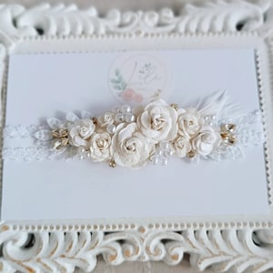 Elegante diadema de flores para niña blanca, diadema de nailon para recién nacido, bautizo, diadema de bautizo, halo floral, cristales, perlas