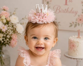 First Birthday Crown, Light Pink Crown, Pearls, Flowers, Photo Prop